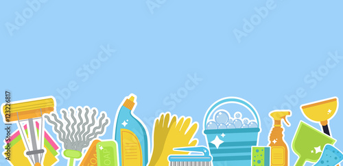 Set of icons for cleaning tools.Template for text. House cleaning staff. Flat design style. Cleaning design elements. Vector illustration
