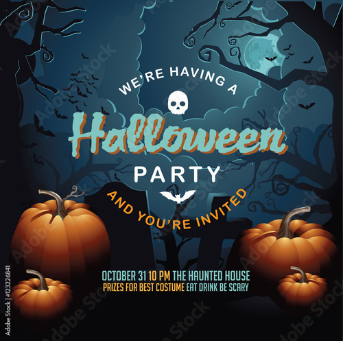 
Halloween Party Cemetery background with tombstones and pumpkins. EPS 10 vector.