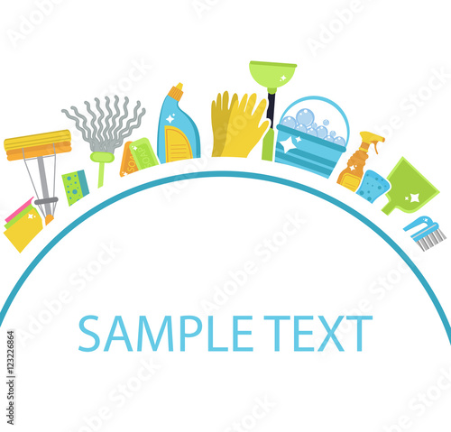 Set of icons for cleaning tools.Template for text. House cleaning staff. Flat design style. Cleaning design elements. Vector illustration