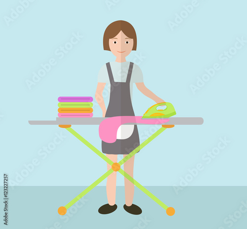 A woman irons clothes. Ironing board and iron. Vector illustration