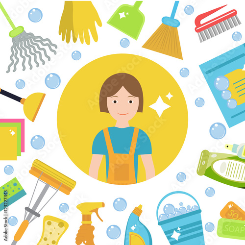 Set of icons for cleaning tools. House cleaning staff. Flat design style. Cleaning design elements. Vector illustration