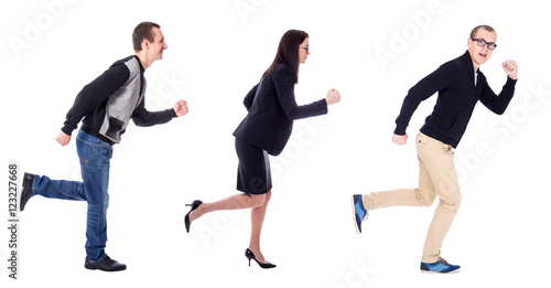 Fotografie side view of business people running isolated on white