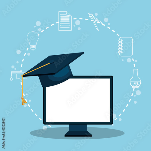 monitor computer device with graduation cap and education icon set over blue background. vector illustration