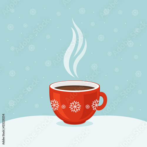 Hot coffee in red cup. Winter background. Christmas card.