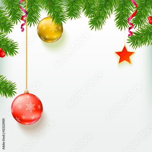 Christmas background with fir branches, red berries, New Year balls