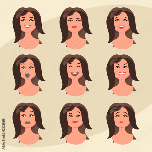 Set of woman's emotions. Facial expression. Girl Avatar. Vector illustration in flat design style