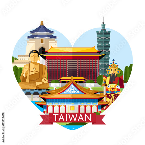 Taiwan travel banner with traditional and modern buildings on white background. Time to travel concept with famous attractions. Asian architecture in flat design. Worldwide traveling. Taiwan landmarks