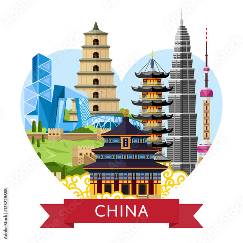 China travel banner with famous traditional and modern buildings on white background. Time to travel concept. Asian architecture in flat design. Worldwide traveling. China landmarks in heart frame.