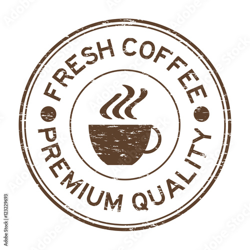 Grunge brown fresh coffee premium quality and cup icon rubber st