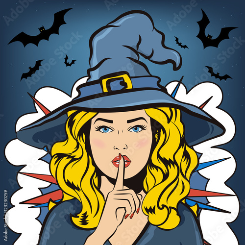 Shh witch. Halloween vector illustration with witch and bats. Woman in witch costume asking for silence with the finger on her lips. 