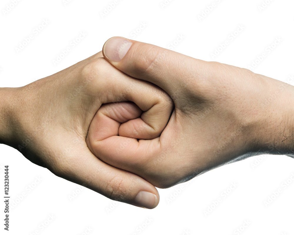 Male and female hands connected with each other  together and forever. This Image isolated on white background for easy  transfer in your design.