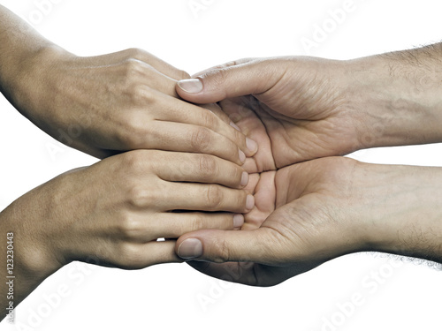 Men's hands hold the female palms on white background. This Image isolated for easy transfer in your design.