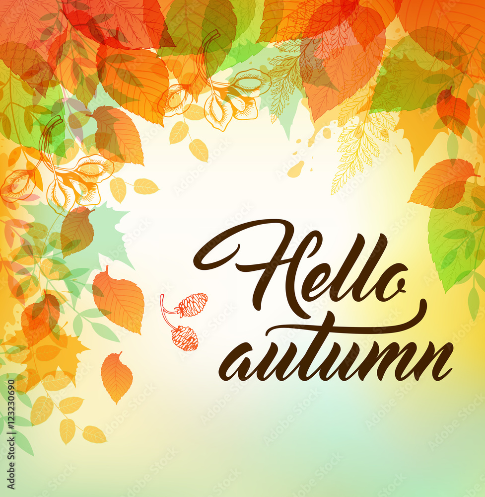 Autumn background with orange and green leaves