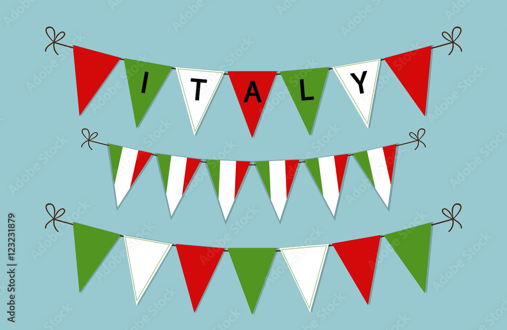 Obraz premium Cute bunting flags with letters in traditional colors of Italy, can be used as decorative elements for Republic Day, Independence Day etc