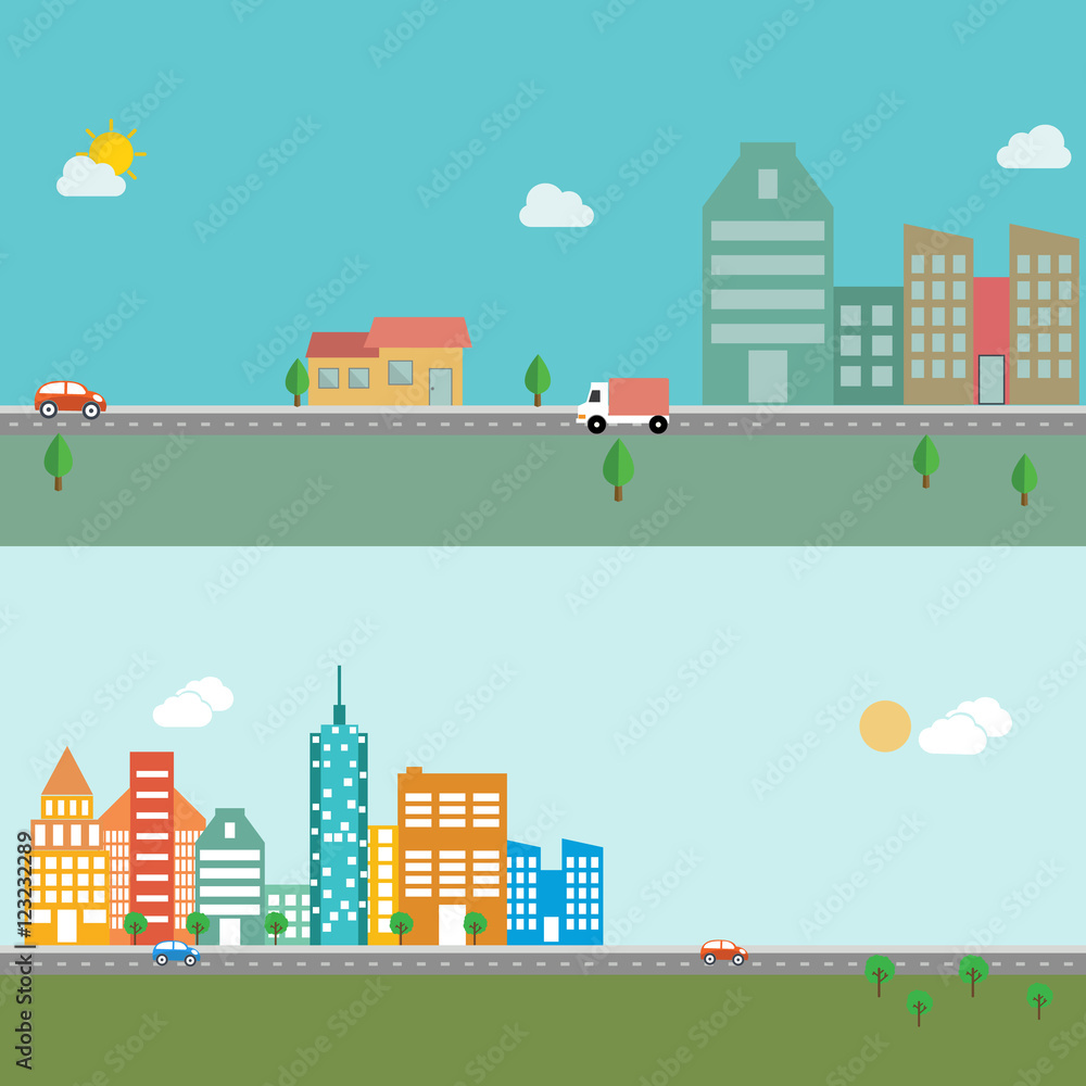 Modern vector illustration banner set of urban landscape and city life. Building icon