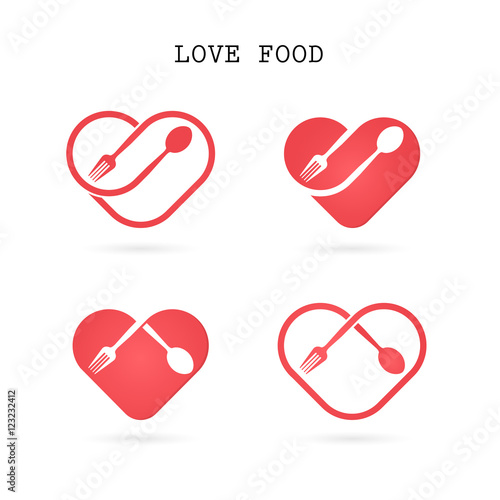 Spoon and fork logo with red heart shape vector design element.