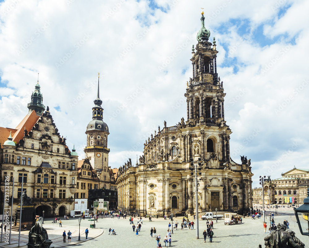 Germany, Dresden, view to Hausmannsturm and Dresden Cathedral at Schlossplatz Germany, Dresden, view to Hausmannsturm and Dresden Cathedral at Schlossplatz