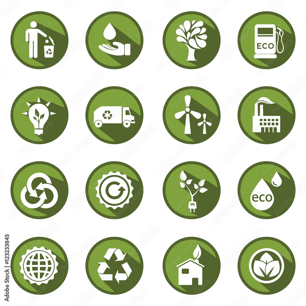 Vector green eco flat design with long shadow icons set Vector green eco flat design with long shadow icons set