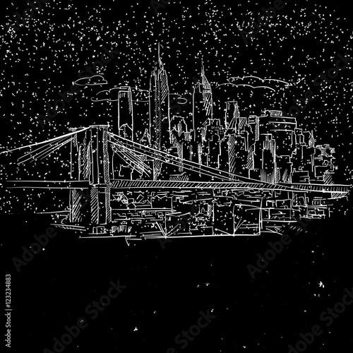 New York by Night with Brooklyn Bridge Sketch