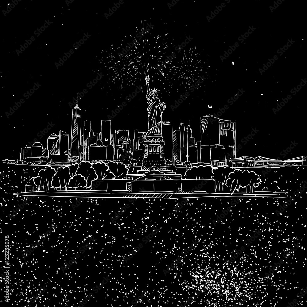 NYC and Liberty Stature on Island by Night Sketch