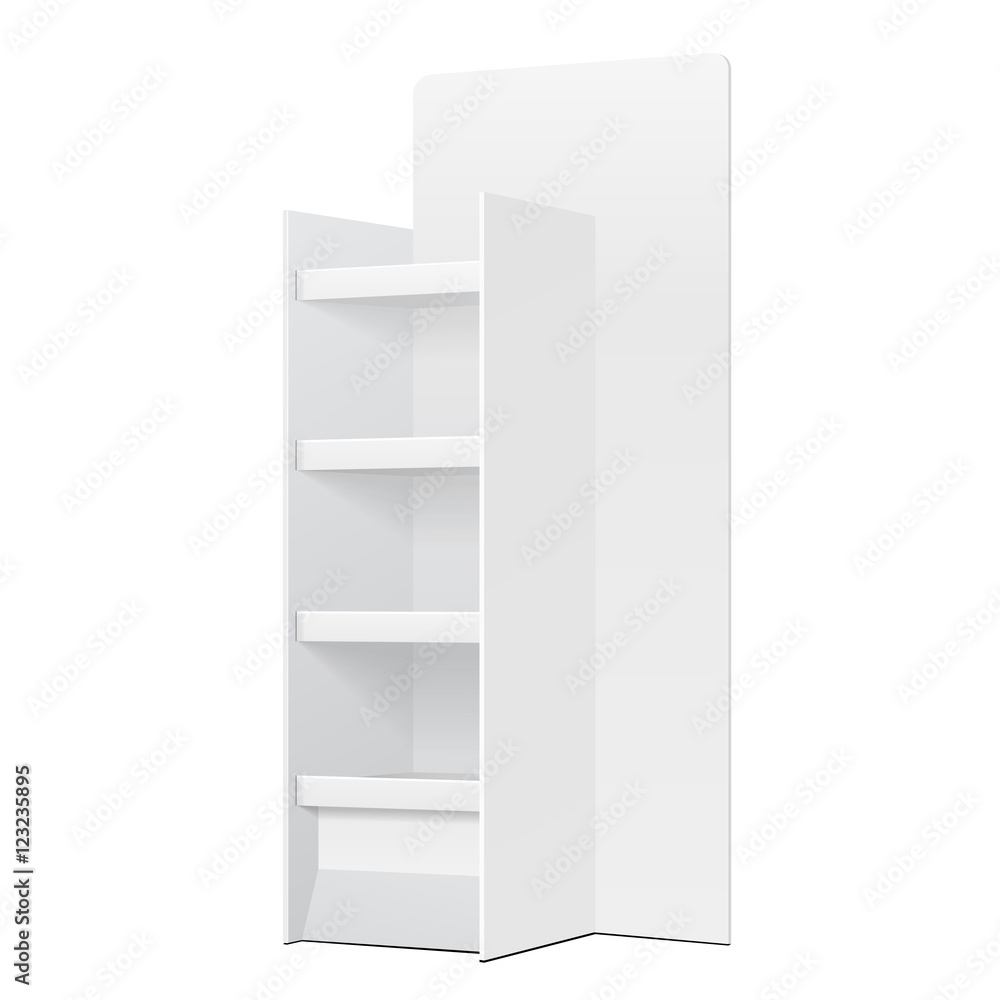 White Cardboard Floor Display Rack For Supermarket Blank Empty Displays With Shelves And Banner Products Mock Up On White Background Isolated. Ready For Your Design. Product Packing. Vector EPS10 White Cardboard Floor Display Rack For Supermarket Blank Empty Displays With Shelves And Banner Products Mock Up On White Background Isolated. Ready For Your Design. Product Packing. Vector EPS10