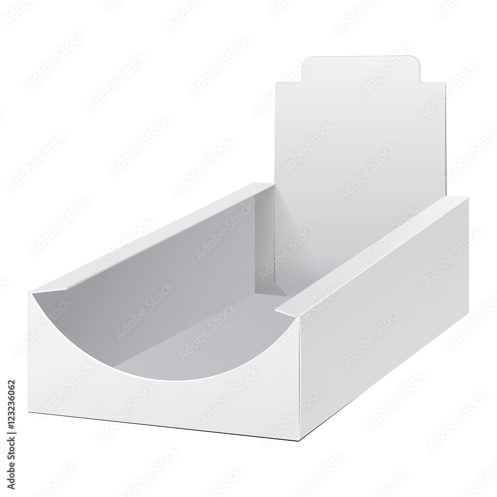 White Display Holder Box POS POI Cardboard Blank Empty. Mockup, Mock Up, Template. Products On White Background Isolated. Ready For Your Design. Mockup Product Packing. Vector EPS10 White Display Holder Box POS POI Cardboard Blank Empty. Mockup, Mock Up, Template. Products On White Background Isolated. Ready For Your Design. Mockup Product Packing. Vector EPS10
