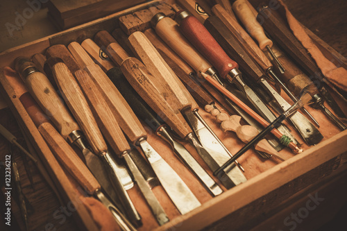 Close-up of the carpenter tools in restorer workshop