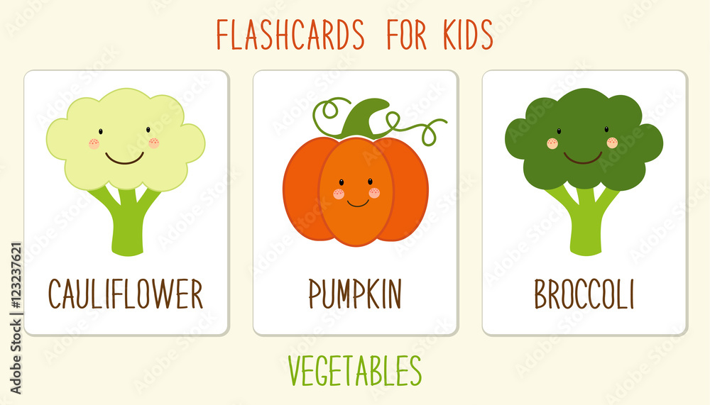 Useful flashcards for kids education as cute hand drawn smiling cartoon