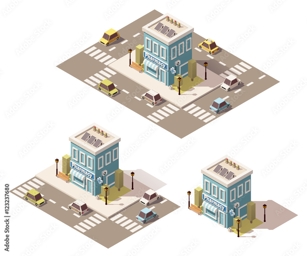 Vector isometric low poly drugstore icon Vector isometric low poly drugstore icon