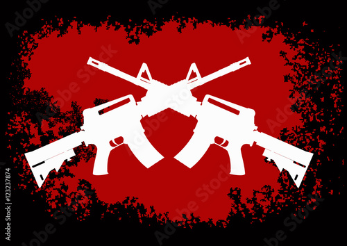 two crossed American assault guns to black red background
