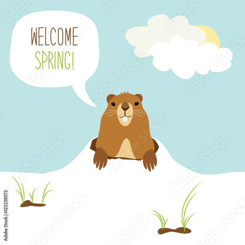 Cute Groundhog Day card as funny cartoon character of marmot with speech bubble and hand written text