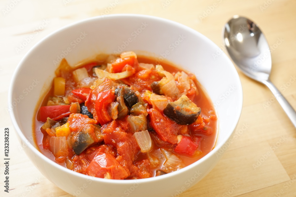 Home cooked Ratatouille soup with tomato and organic vegetables