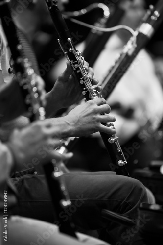  Hands musician playing the clarinet in the orchestra in black and white