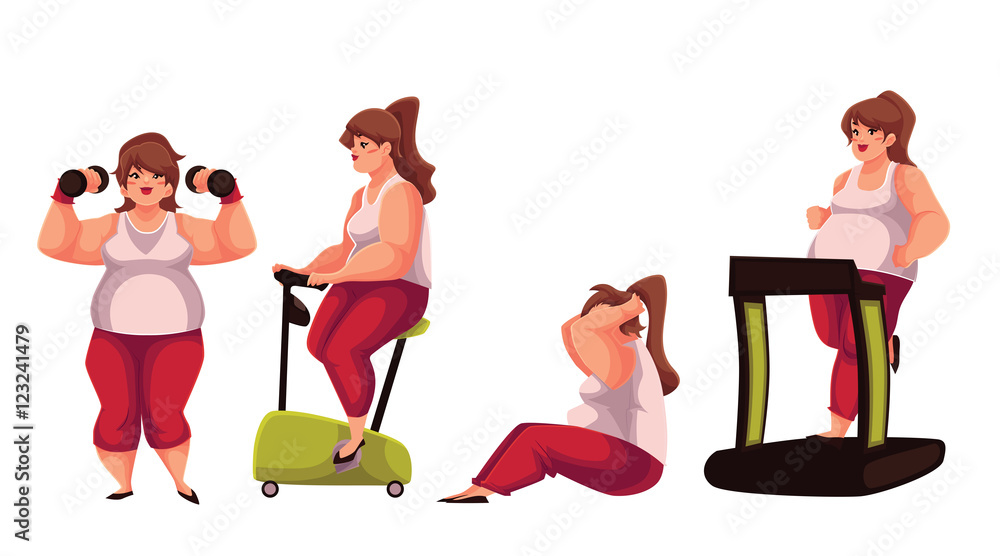 Fat woman doing sport exercises, cartoon vector illustration isolated on white background. Obese, fat, chubby woman doing treadmill walking, cycling, sit ups and dumbbell exercises, getting fit Stock Vector | Adobe Stock Fat woman doing sport exercises, cartoon vector illustration isolated on white background. Obese, fat, chubby woman doing treadmill walking, cycling, sit ups and dumbbell exercises, getting fit Stock Vector | Adobe Stock