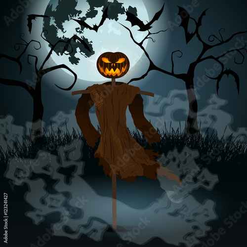 Halloween illustration with evil scarecrow, full Moon and bats