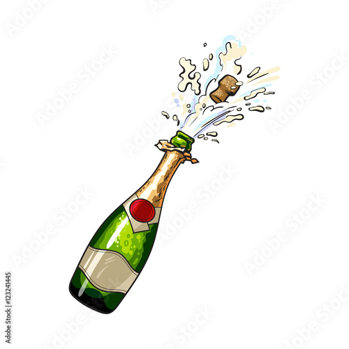 Champagne bottle with cork popping out, sketch style vector illustration isolated on white background. Diagonal view of hand drawn champagne bottle with cork jumping out with explosion