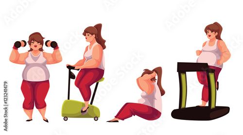 Fat woman doing sport exercises, cartoon vector illustration isolated on white background. Obese, fat, chubby woman doing treadmill walking, cycling, sit ups and dumbbell exercises, getting fit