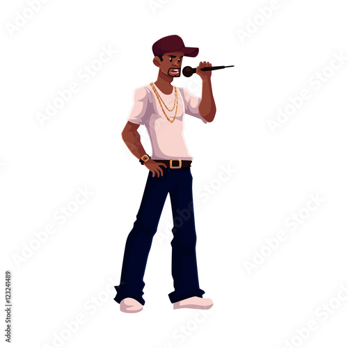 Young African male singer holding a microphone, cartoon vector illustration isolated on white background. Full height portrait of black man in baseball cap, rap, hip-hop singer
