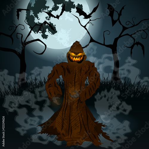 Halloween illustration with Jack O'Lantern, full Moon and bats