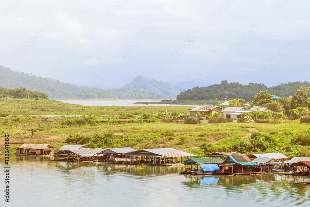 View of Mon village floating on river, Sangkhlaburi, Kanchanaburi, Thailand