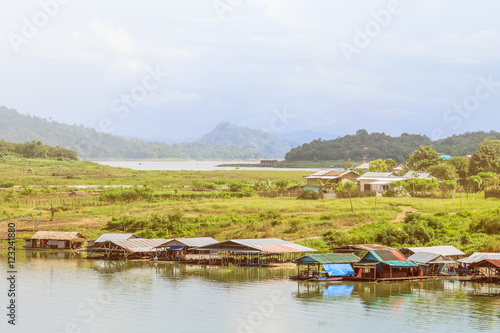 View of Mon village floating on river, Sangkhlaburi, Kanchanaburi, Thailand