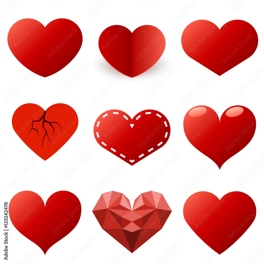 Red hearts shapes vector set isolated on white background.