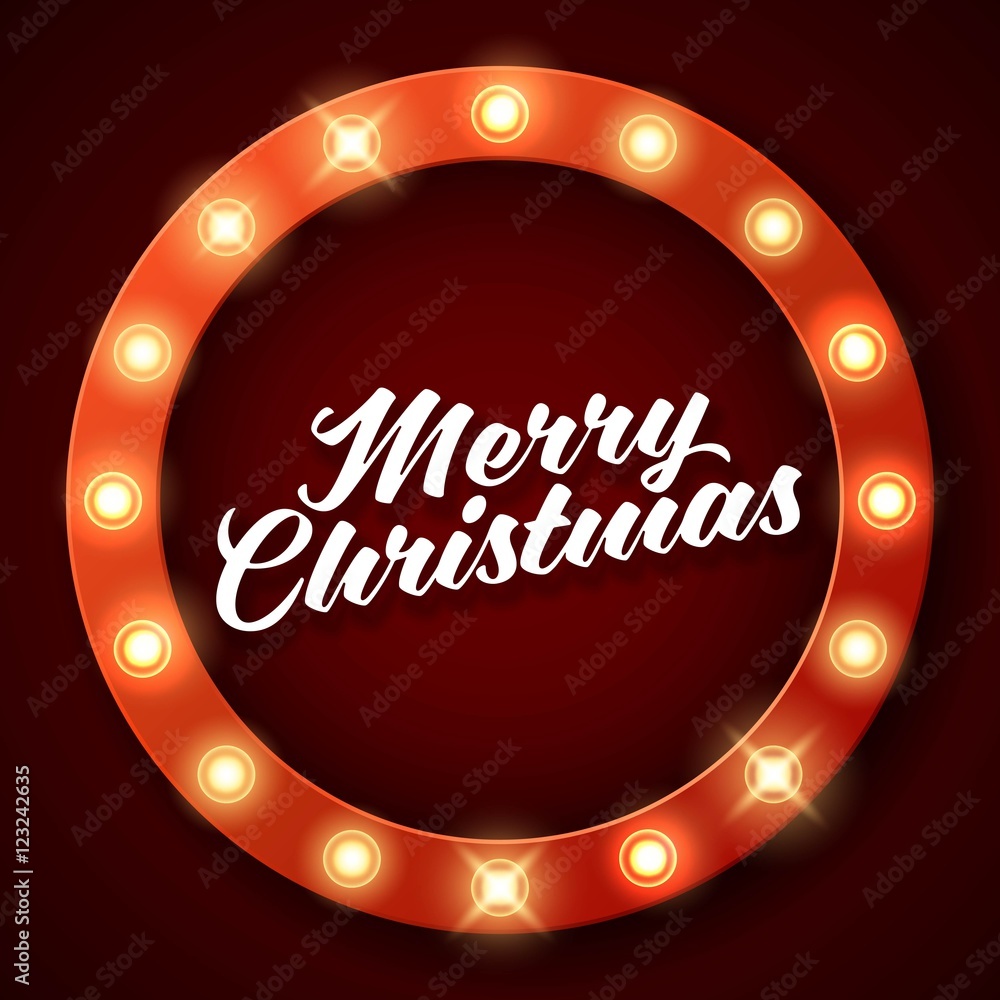 Obraz premium Merry Christmas inscription on retro banner with light bulbs