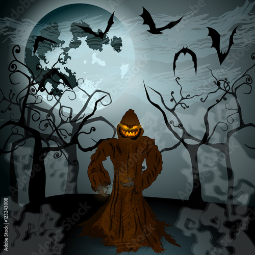 Halloween illustration with Jack O'Lantern, full Moon and bats
