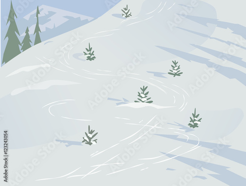 Green landscape. Mountain winter scene concept. Outdoor background with snow hill trees and  blue sky. Daylight valley scenic view. Flat design for banner. Cartoon style. Vector Illustration