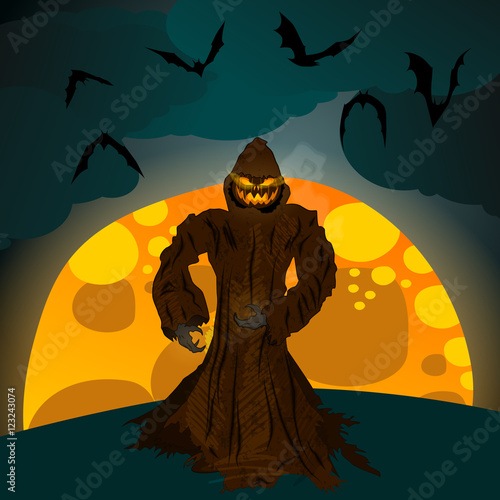 Halloween illustration with Jack O'Lantern, full Moon and bats