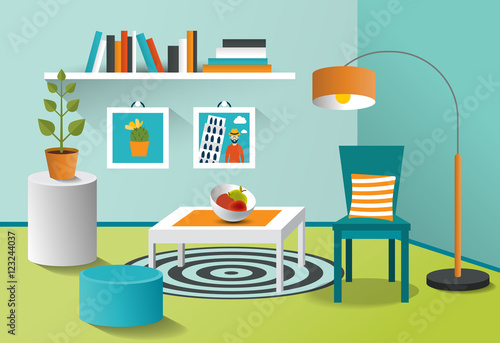 Interior living room. Mpdern minimalism design. Art cartoon vector.