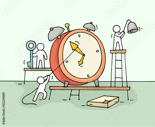 Sketch of alarm clock with working little people.