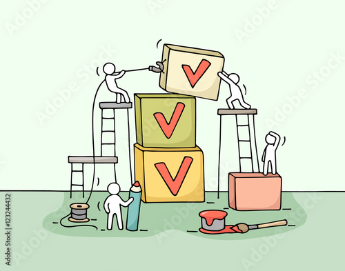 Sketch of working little people with pyramid of cubes, tick.