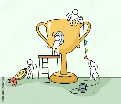 Sketch of working little people with cup, teamwork.